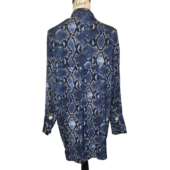 ZARA Chiffon Tunic Blouse Womens MED Blue Snake Print Scarf Tie Viscose Top Edgy - Picture 5 of 7